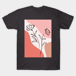 Abstract Botanical Poppy Line Art Flowers On Pink T-Shirt